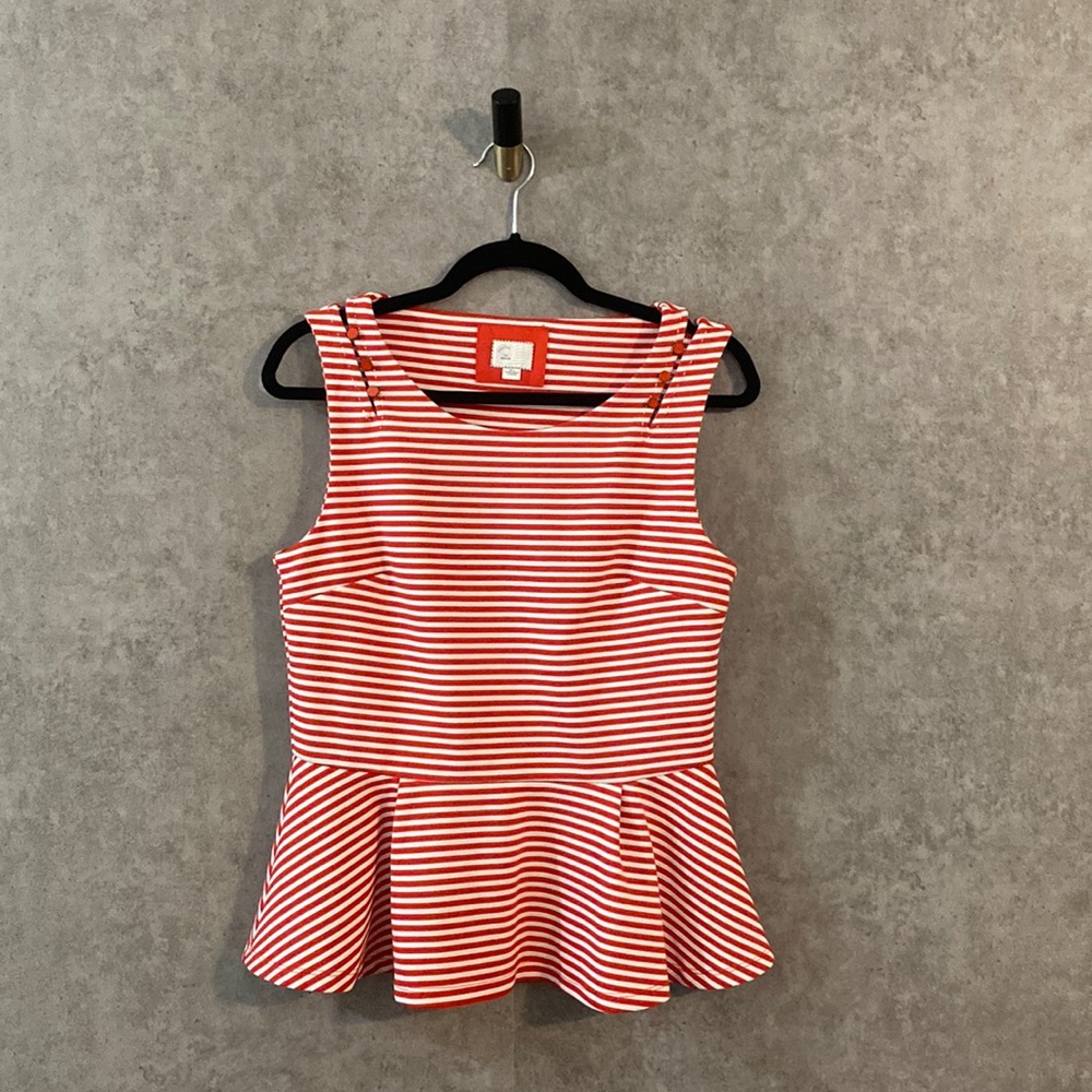 Anthropologie Postmark Red & White Striped Peplum Tank Blouse Ruffle Hem